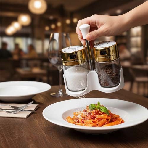 Luxury Salt and Pepper Shaker Set with Stand | Glass Condiment Shakers with Gold Marble Accents
