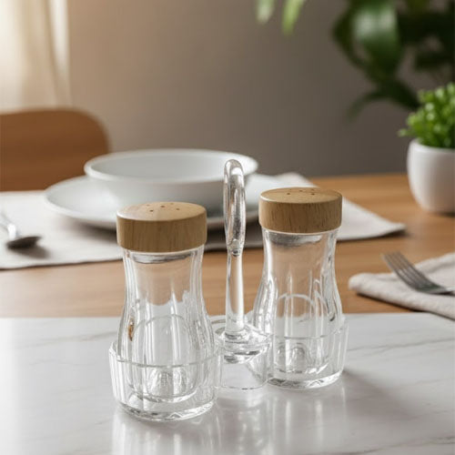 Modern Acrylic Salt and Pepper Shaker Set with Wood Cap Accents | Clear Glass Condiment Caddy