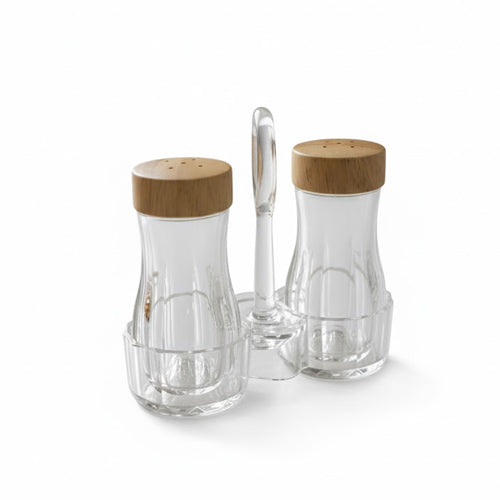 Modern Acrylic Salt and Pepper Shaker Set with Wood Cap Accents | Clear Glass Condiment Caddy