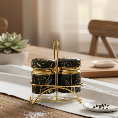 Luxury Marble & Gold Salt and Pepper Shaker Set with Metal Caddy - Available in Black or White