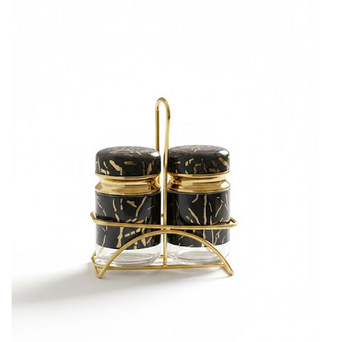 Luxury Marble & Gold Salt and Pepper Shaker Set with Metal Caddy - Available in Black or White