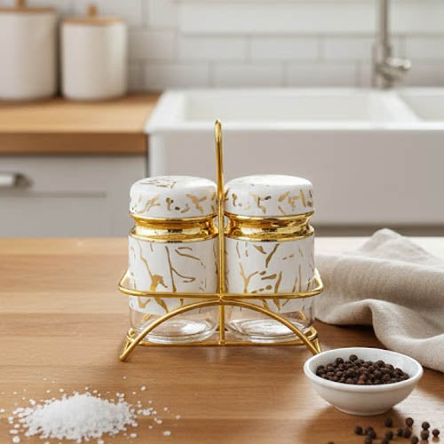 Luxury Marble & Gold Salt and Pepper Shaker Set with Metal Caddy - Available in Black or White