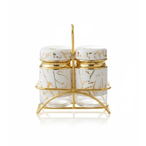 Luxury Marble & Gold Salt and Pepper Shaker Set with Metal Caddy - Available in Black or White