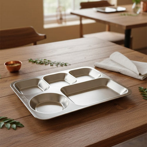 Heavy-Gauge Stainless Steel 5-Compartment Thali | Divided Serving Plate & Mess Tray