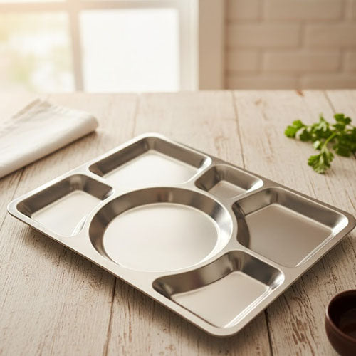 Heavy-Gauge Stainless Steel 6-Compartment Thali | Divided Serving Plate & Portion Control Tray
