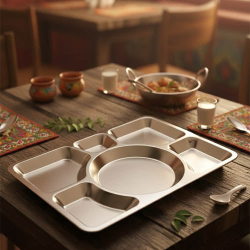 Heavy-Gauge Stainless Steel 6-Compartment Thali | Divided Serving Plate & Portion Control Tray