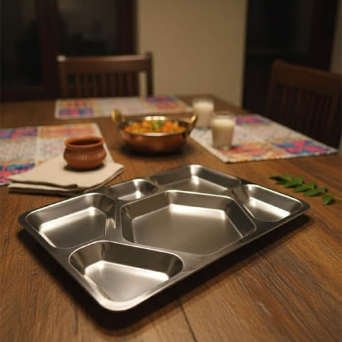 Designer Heavy-Gauge Stainless Steel 6-Compartment Thali | Diamond Divided Serving Plate