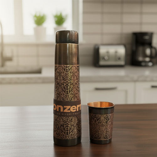 Pure Copper Water Bottle & 2 Tumbler Set | Ayurvedic Health Copper Pitcher and Glass Set