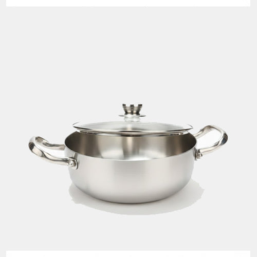 Heavy Stainless Steel Karahi / Serving Pot with Tempered Glass Lid | Induction Ready Deep Skillet for Curries & Stews