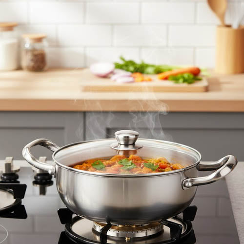 Heavy Stainless Steel Karahi / Serving Pot with Tempered Glass Lid | Induction Ready Deep Skillet for Curries & Stews