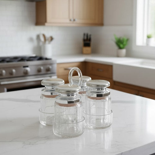 4-Piece Fluted Glass Condiment Jars with Gold Lids and Glass Caddy