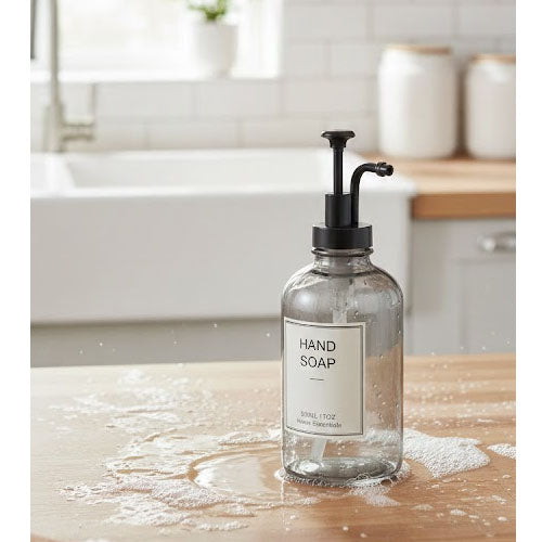 Modern Glass Hand Soap Dispenser | Refillable Kitchen Sink or Bathroom Countertop Lotion Bottle