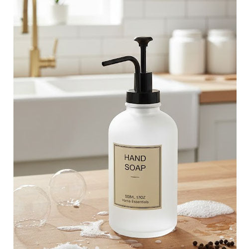 Modern Glass Hand Soap Dispenser | Refillable Kitchen Sink or Bathroom Countertop Lotion Bottle