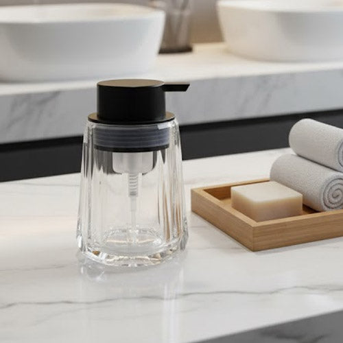 Modern Ribbed Glass Soap Dispenser with Matte Black Pump | Clear Refillable Liquid Soap Bottle