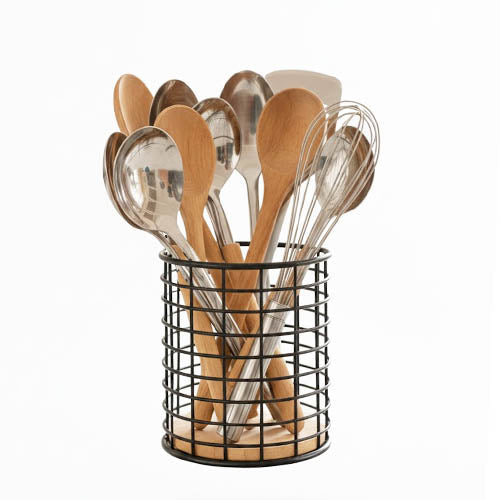 Premium Metal Wire Kitchen Utensil Holder with Wooden Base | Spoon & Whisk Organizer Stand