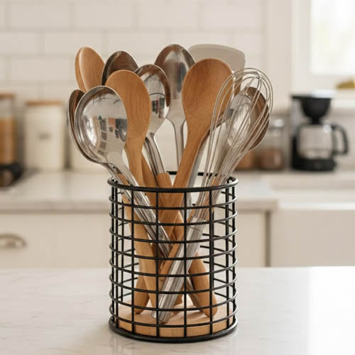 Premium Metal Wire Kitchen Utensil Holder with Wooden Base | Spoon & Whisk Organizer Stand