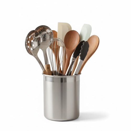 Revolving Stainless Steel Utensil Holder | Lazy Susan Kitchen Tool Stand | Spinning Countertop Cutlery Organizer Crock