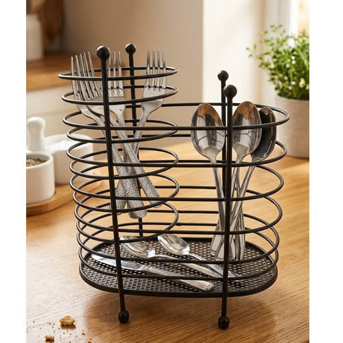 Premium 2-Compartment Metal Wire Cutlery Stand | Matte Black Spoon & Fork Holder for Dining Table