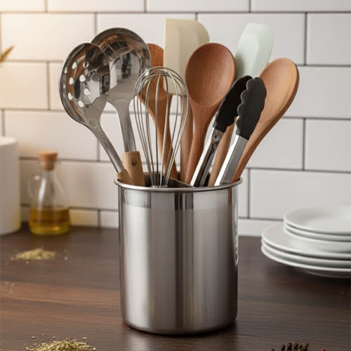 Revolving Stainless Steel Utensil Holder | Lazy Susan Kitchen Tool Stand | Spinning Countertop Cutlery Organizer Crock