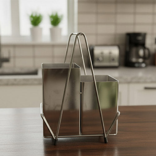 Decorative Stainless Steel Spoon Stand & Utensil Caddy | Elegant Countertop Kitchen Tool Organizer | Polished Metal Cutlery Crock