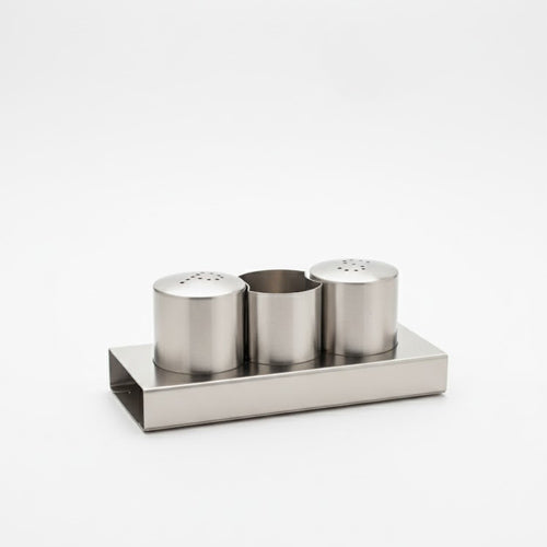 Stainless Steel Salt & Pepper Shaker Set with Caddy | Tabletop Seasoning Organizer & Toothpick Holder | Modern Kitchen Cruet Set