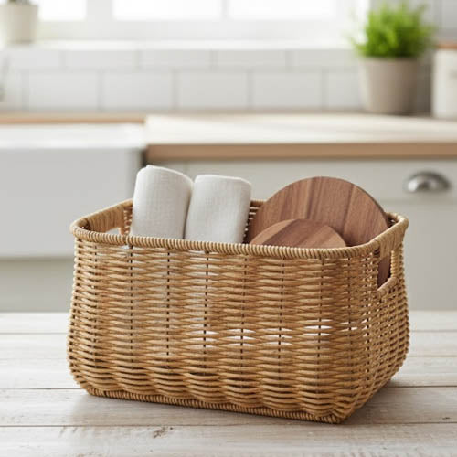 Durable Woven Storage Basket with Handles - Rattan Style Organizer for Kitchen, Bathroom & Home