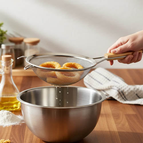Fine Mesh Stainless Steel Strainer with Wood Handle | Multi-Purpose Kitchen Sieve for Flour, Pasta & Vegetables | Hanging Colander