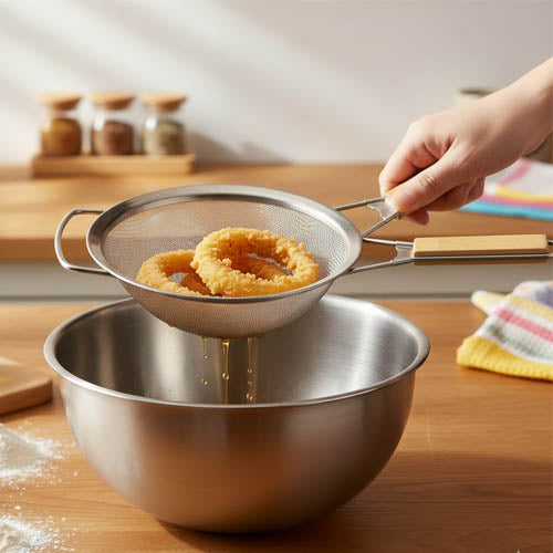 Professional Stainless Steel Fine Mesh Strainer | Wood Handle Kitchen Sieve for Flour, Pasta & Frying | Hands-Free Resting Colander