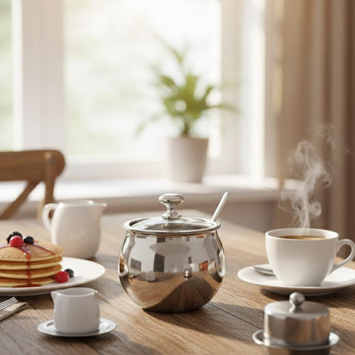 Polished Stainless Steel Sugar Bowl and Spoon Set – Elegant Metal Sugar Pot for Coffee & Tea Service