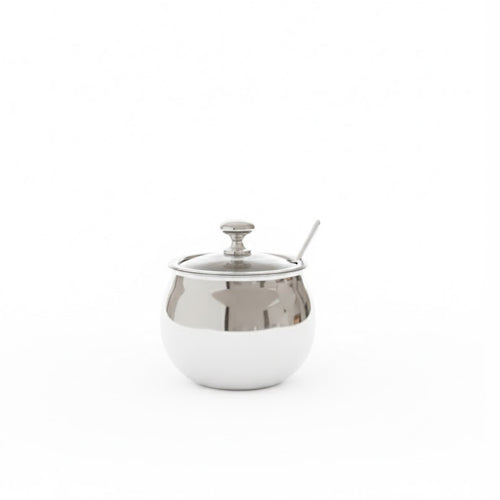 Polished Stainless Steel Sugar Bowl and Spoon Set – Elegant Metal Sugar Pot for Coffee & Tea Service