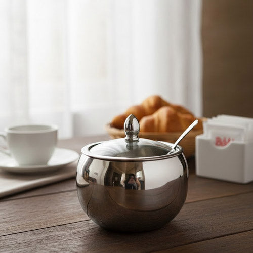 Elegant Stainless Steel Sugar Bowl and Spoon Set – Polished Metal Sugar Pot for Coffee & Tea Service