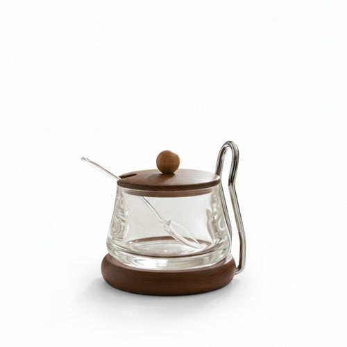 Modern Glass & Dark Wood Sugar Pot with Metal Handle – Farmhouse Coffee Bar Condiment Server Set