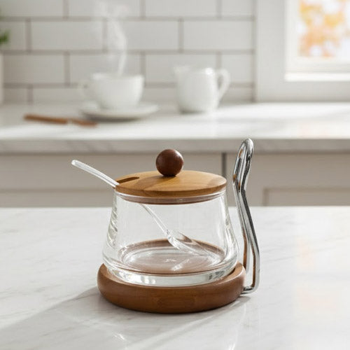Modern Glass & Dark Wood Sugar Pot with Metal Handle – Farmhouse Coffee Bar Condiment Server Set