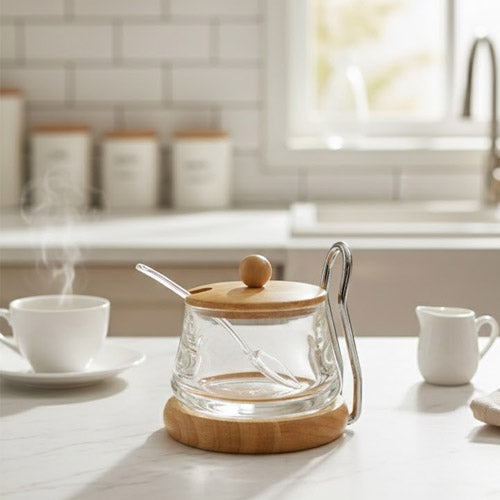 Modern Glass & Light Wood Sugar Pot with Metal Handle – Scandinavian Coffee Bar Condiment Server Set