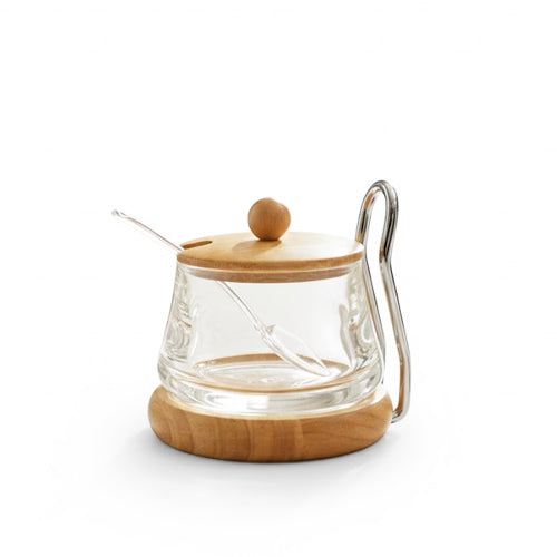 Modern Glass & Light Wood Sugar Pot with Metal Handle – Scandinavian Coffee Bar Condiment Server Set