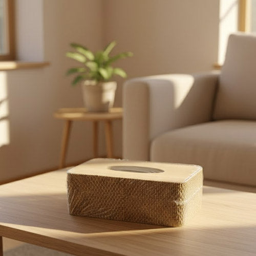 Woven Rattan Style Tissue Box Cover – Natural Wicker Look Rectangular Tissue Holder for Home & Office