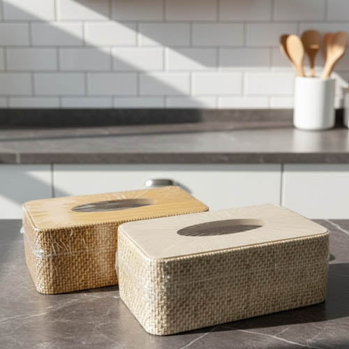 Woven Rattan Style Tissue Box Cover – Natural Wicker Look Rectangular Tissue Holder for Home & Office