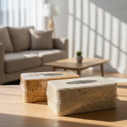 Woven Rattan Style Tissue Box Cover – Natural Wicker Look Rectangular Tissue Holder for Home & Office