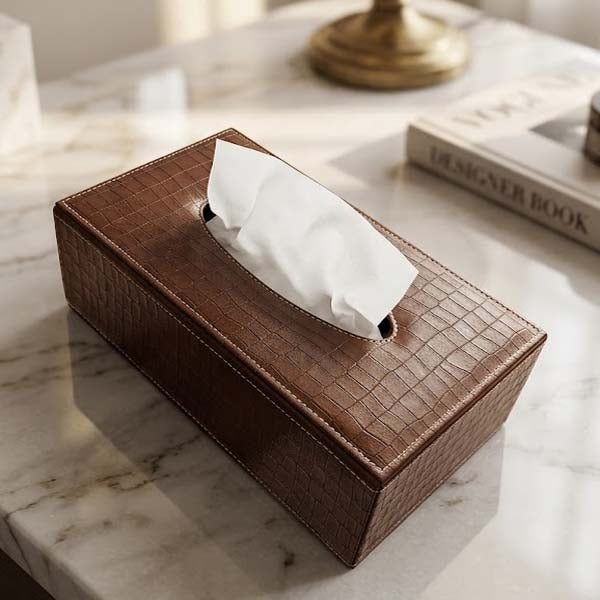 Modern Textured PU Leather Tissue Holder – Luxury Decorative Organizer for Living Room & Vanity