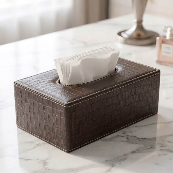 Modern Textured PU Leather Tissue Holder – Luxury Decorative Organizer for Living Room & Vanity