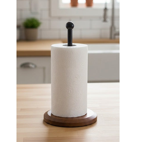 Modern Farmhouse Kitchen Paper Towel Holder - Black Metal & Natural Wood Base
