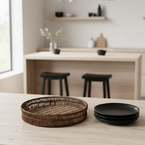 Modern Dark Round 3-Piece Nesting Serving Tray Set | Black & Silver Decorative Coffee Table Trays