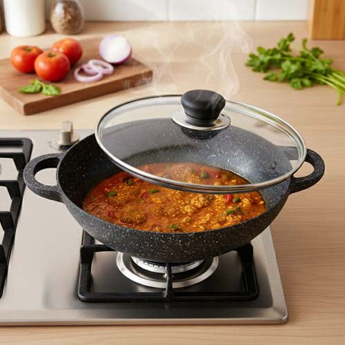 Vinton Granite Non-Stick Karahi with Glass Lid | Indian & Stir-Fry Wok Pan