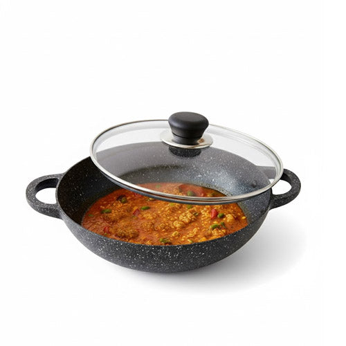 Vinton Granite Non-Stick Karahi with Glass Lid | Indian & Stir-Fry Wok Pan