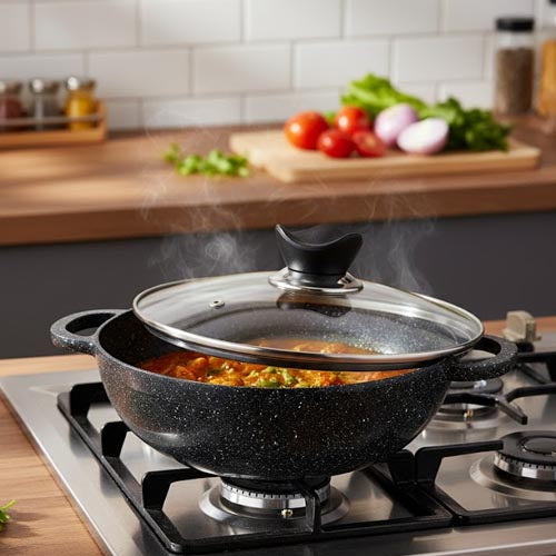 Vinton Granite Non-Stick Karahi with Glass Lid | Indian & Stir-Fry Wok Pan