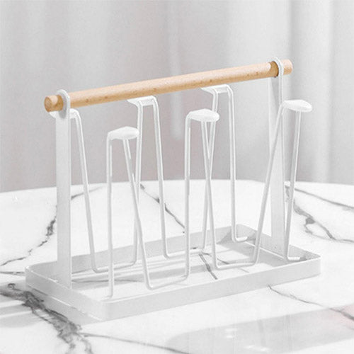 Modern Metal & Wood Mug Drying Rack | 6-Cup Glass Storage Stand with Drip Tray