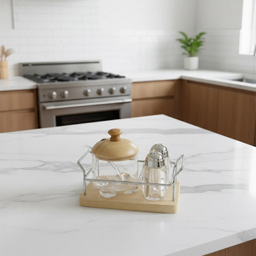 Elegant Wood & Glass Cruet Set | Modern 3-Piece Spice Server for Kitchen & Tabletop