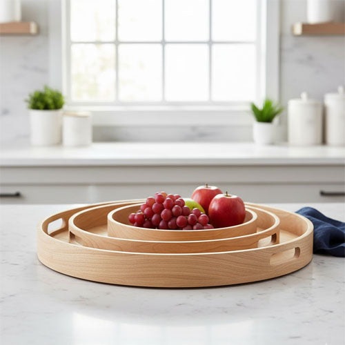 Elegant 3-Piece Round Wooden Serving Tray Set | Nesting Modern Acacia Wood Trays with Handles