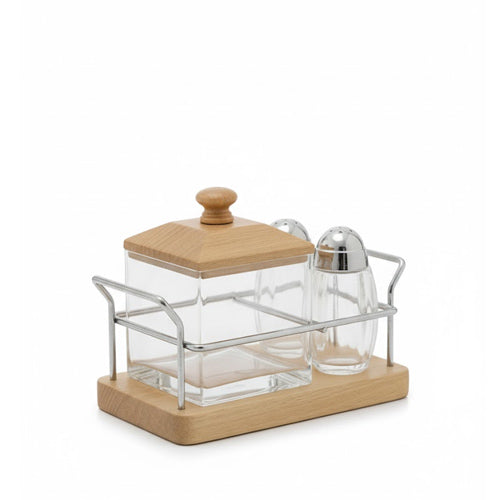 Modern Square Wood & Glass Cruet Set | 3-Piece Tabletop Condiment Server Caddy