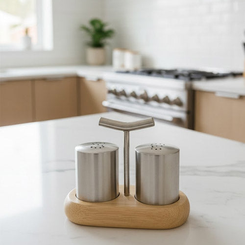 Modern Stainless Steel Salt and Pepper Shaker Set with Natural Wood Base